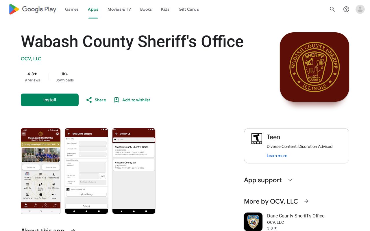 Google Play listing for the Wabash County Sheriff's Office app