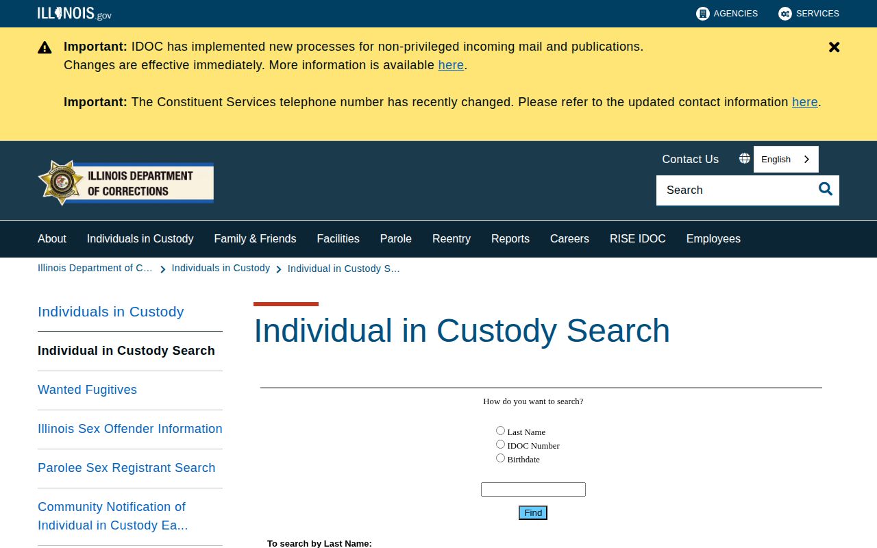 Illinois Department of Corrections official inmate search page