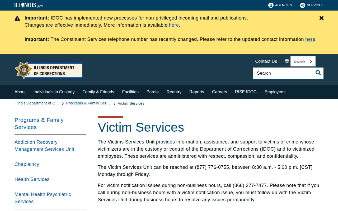 Illinois Department of Corrections Victim Services page describing notification support