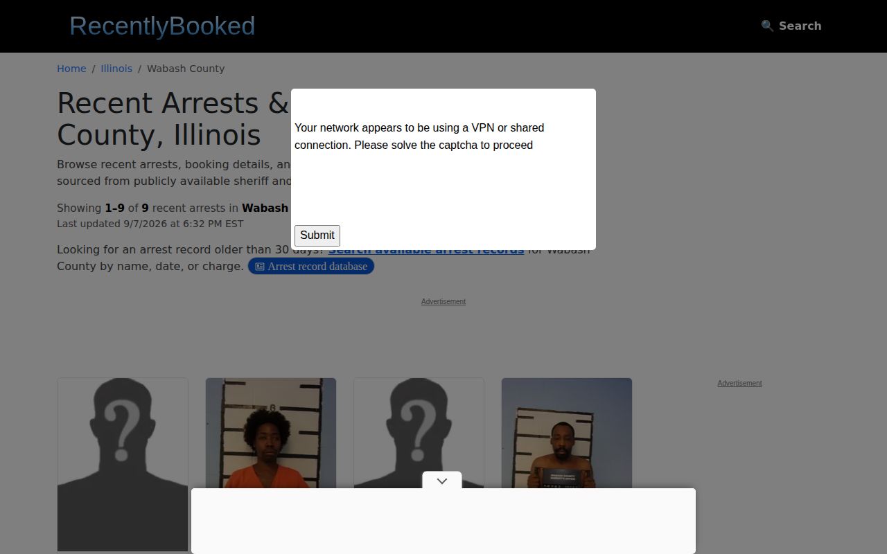 Unofficial Recently Booked Wabash County page interface